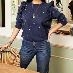 Clare V. Ruffle Sweatshirt. Navy with Lavender Splash Print. Size XL.
